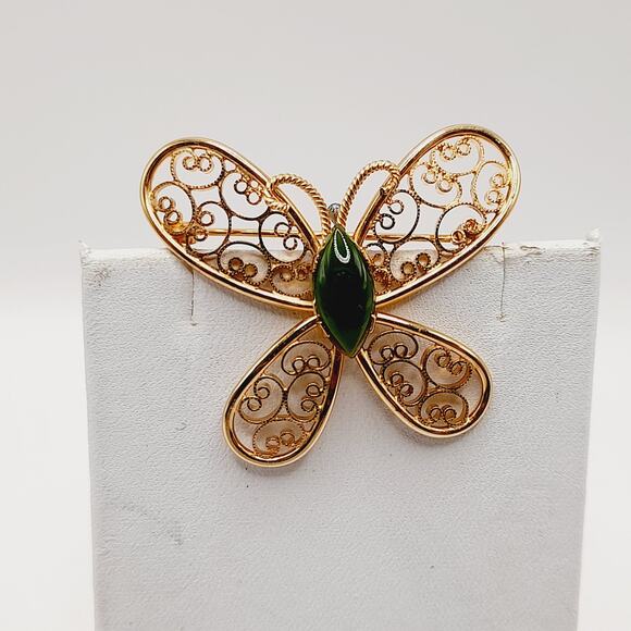 Vintage Gold Filled Butterfly Brooch Green Gemstone Center 1-20 14K GF - Picture 7 of 7